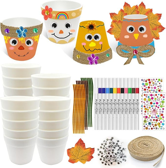 Cinrobiye 24 Set Fall Scarecrow Craft Kit DIY Garden Pot Plant Crafts Pot with Stickers for Fall Thanksgiving Autumn Harvest Classroom Creative DIY Art Project Bulk Painting (Scarecrow)