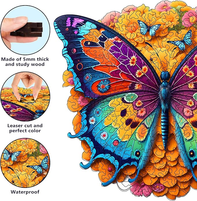 Wooden Puzzles for Adults, Unique Puzzles for Adults, Irregular Animal Shaped Wooden Jigsaw Puzzles, Creative Birthday Gift,11.8 x 9.1 inch, Butterfly