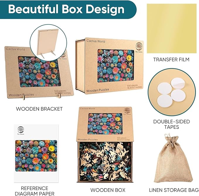 Puzzles for Adults Cactus World Wooden Puzzles, 500 Pieces Unique Shaped Succulent Jigsaw Puzzles, Birthday for Adults and Kids, Fun Challenge Family Game 18.3'' x 13.7''