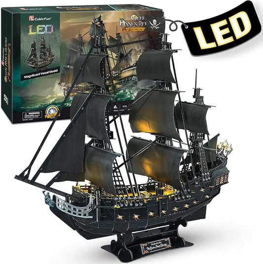 CubicFun 3D Puzzles for Adults - Led Pirate Ship Queen Anne's Revenge - Large 27'' Sailboat Puzzles - Desk Decor, Anniversary, Christmas Teacher Appreciation Gifts Adult Stocking Stuffers