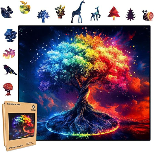 Wooden Jigsaw Puzzle, 200-500 Pieces Unique Shape Animal Puzzle, for Adults & Kids, Birthday Gift Family Game, Decorative Puzzle, Unique Gift (Rainbow Tree, 200 PCS)