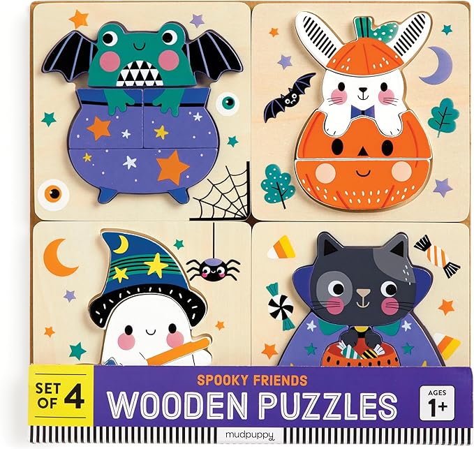 Mudpuppy Spooky Friends – Set of 4 Wooden 4 Piece Puzzles Featuring A Colorful Halloween Scene with Adorable Characters Perfect for Toddlers, Montessori Toys for 1-3+, FSC Certified