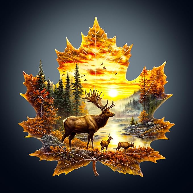 WOODBESTS Wooden Puzzles for Adults-Elk & Maple Leaves, 100 Pieces Wood Puzzle (S-8.5 * 8.3in), Premium Art Shape Wooden Animal Jigsaw Puzzles, for Men/Women & Family Game Night