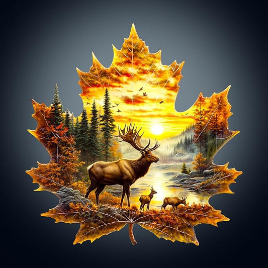 WOODBESTS Wooden Puzzles for Adults-Elk & Maple Leaves, 100 Pieces Wood Puzzle (S-8.5 * 8.3in), Premium Art Shape Wooden Animal Jigsaw Puzzles, for Men/Women & Family Game Night