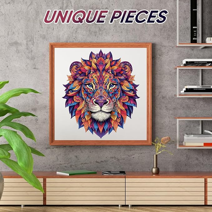 Lion Mandala Wooden Puzzles for Adults 300 Pieces,Unique Irregular Shaped Wooden Jigsaw Puzzles for Adults and Kids,Extra Thick 5MM,Best Gift,13.9x11.7Inch