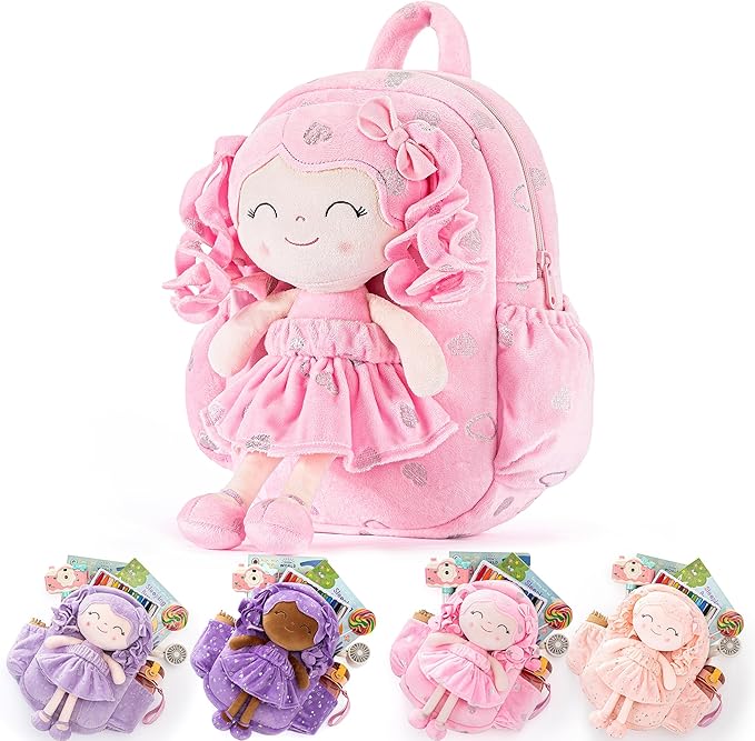 Gloveleya Toddler Backpack Baby Girl Gifts Curly Hair Plush Doll Dress Kids Backpacks Curly Hair Loving Heart Backpack - Pink Loving Heart 11 Inches
