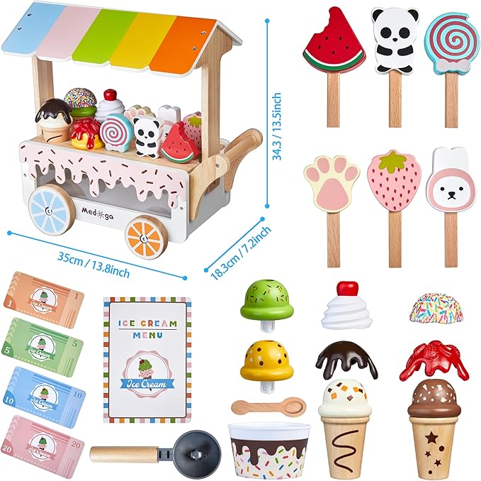 Wooden Ice Cream Cart Toy Playset with Ice Cream Toys Pretend Play Food Truck Play Kitchen Accessories with Ice Lolly & Scoop & Menu Wooden Toys Gift for 3 4 5 6 7 8 Year Old Girls Boys