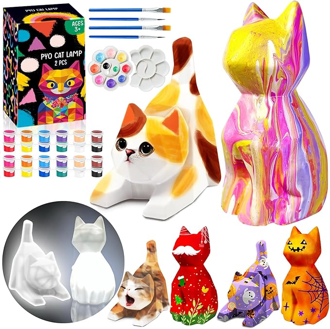 FUNZBO 2pcs Paint Your Own Cat Lamp Kit - Arts and Crafts Supplies Kitten Painting Kits for Kids Teens Adults, DIY Night Light Toy for Toddlers Girl Boy Ages 3 4 5 6 7 8 9 10 11 12 13 + Birthday Gifts