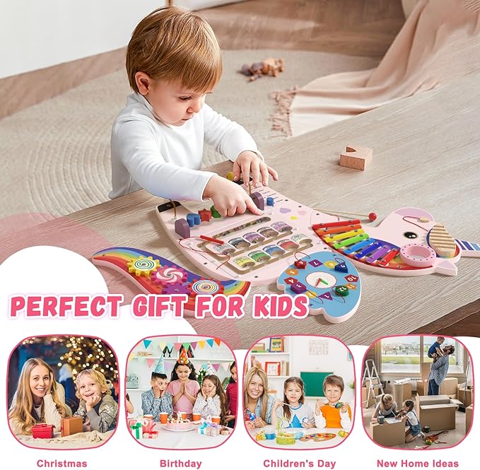 Unicorn Activity Wall Busy Board Panels - Sensory Wall Panel for Kids, Montessori Toddler Wall Activity Board, Wall Toys for Toddlers 3, Activity Cube, Perfect for Toddler Playroom, Pink