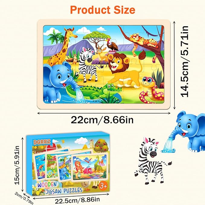 Wooden Puzzles for Kids Ages 4-6, 24 Pieces Dinosaur, Undersea, Wildlife, Farm Jigsaw Puzzles for Kids Ages 3-5. 4 Pack Toddler Puzzles Toys for Boys and Girls Ages 3,4,5,6 Year Old