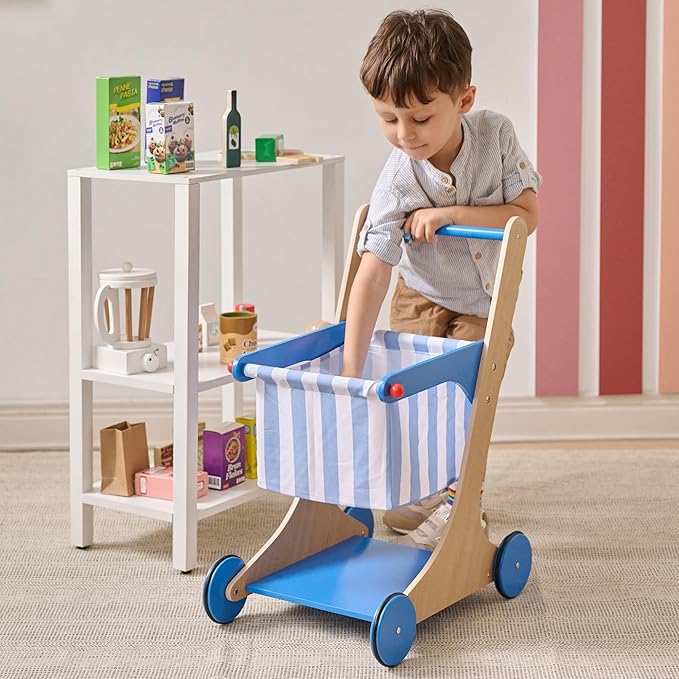 Teamson Kids Wooden Shopping Cart for Toddlers with 13 Pretend Grocery Accessories Push Walker Play Food Toy with Rolling Wheels Blue and White Striped Basket for Boys Girls Ages 3+ Safety Certified