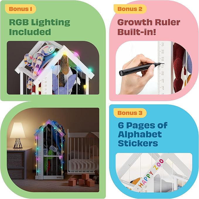 Stuffed Animal Zoo Storage Cage | Wooden Plush Tower Storage | Durable Plush Toy Stuffie Holder | Vertical Jail Organizer With Height Ruler, Stickers & Rgb Light (White)