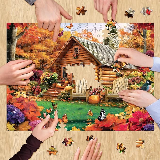 300 Pieces Puzzle for Adults, House and Forest Jigsaw Puzzle 300 Pieces, Butterfly, Fallen Leaves and Pumpkins Puzzle for Kids Seniors, Challenging Home Decor Holiday Party Gift Toy 20.5 * 15 in