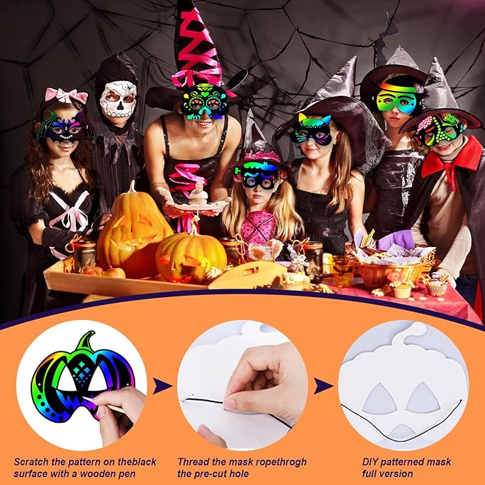 Natonhi 32Pcs Halloween Crafts for Kids Rainbow Scratch Mask, Halloween Games Scratch Art and Craft Kit Classroom Activities Favors Party Supplies