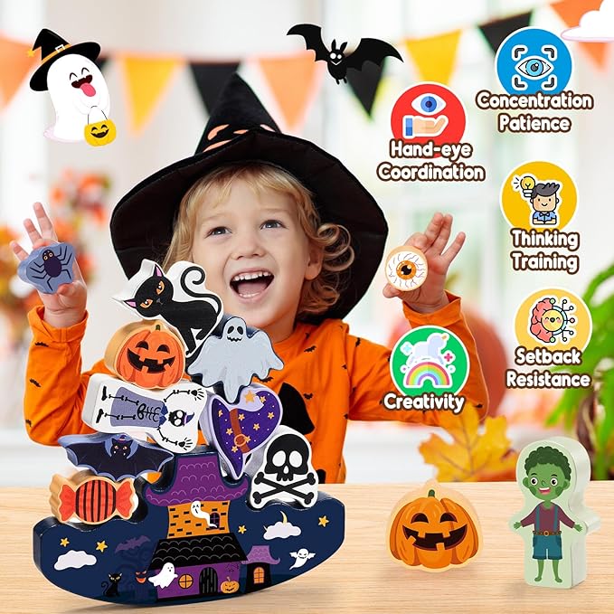 Halloween Toys for Kids 3-10 Kids Wooden Stacking Blocks Toy Birthday Gifts for 4 5 6 7 8 9 Year Old Boys Girls Toy Kid Balance Competition Games for Ages 5-7 Party Favors Boo Basket Stuffers