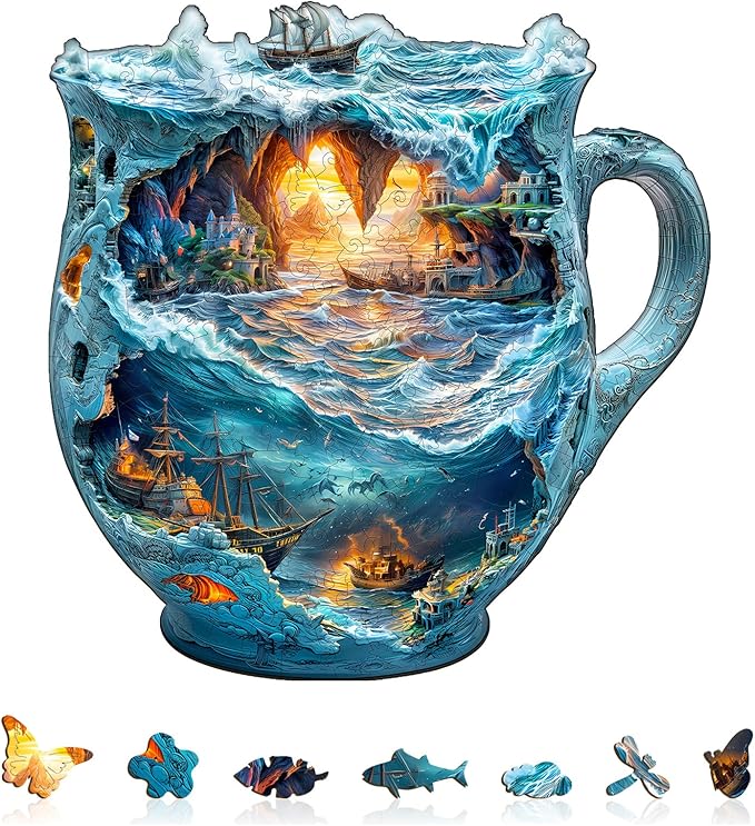 Wooden Puzzles for Adults, Wooden Jigsaw Puzzles for Adults Kids, Sea Navigation Mug Unique Shaped Wood Puzzles Adult, Creative Birthday Gifts for Friends Family Game(11.4 * 11.1in 180pcs)