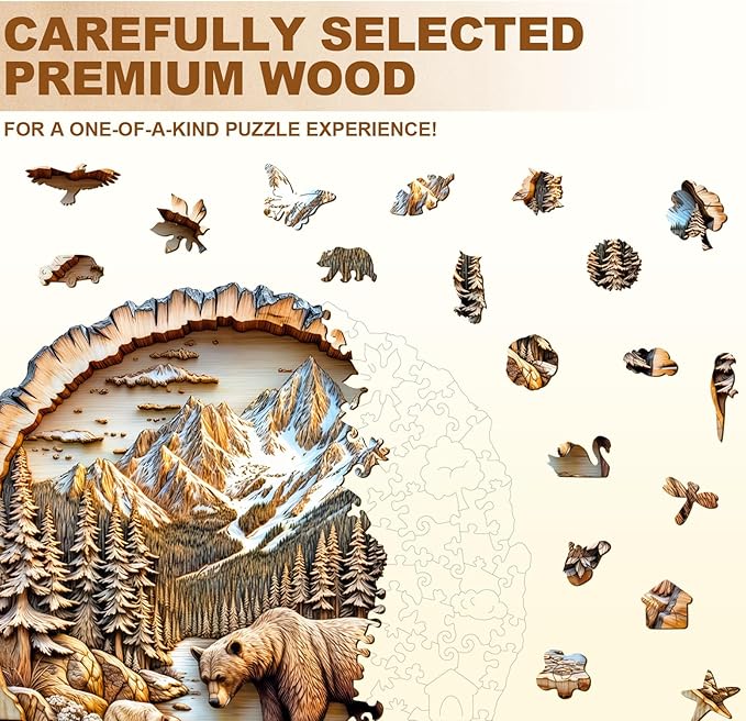 Wooden Puzzles for Adults - 200 Pieces Annual Ring Bear Puzzle - Unique Shapes Wooden Jigsaw Puzzles for Adults - Eco-Friendly Home Office Decor (M-11.4 * 11.4in)