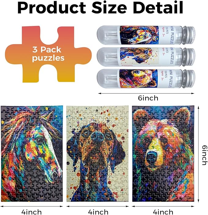 150 Pieces Mini Jigsaw Puzzles for Adults & Kids,6 x 4 Inches,Mini Puzzles,Travel Puzzle,Small Micro Puzzles,Challenging Difficult Puzzle,3 Pack Oil Painting Style Animals