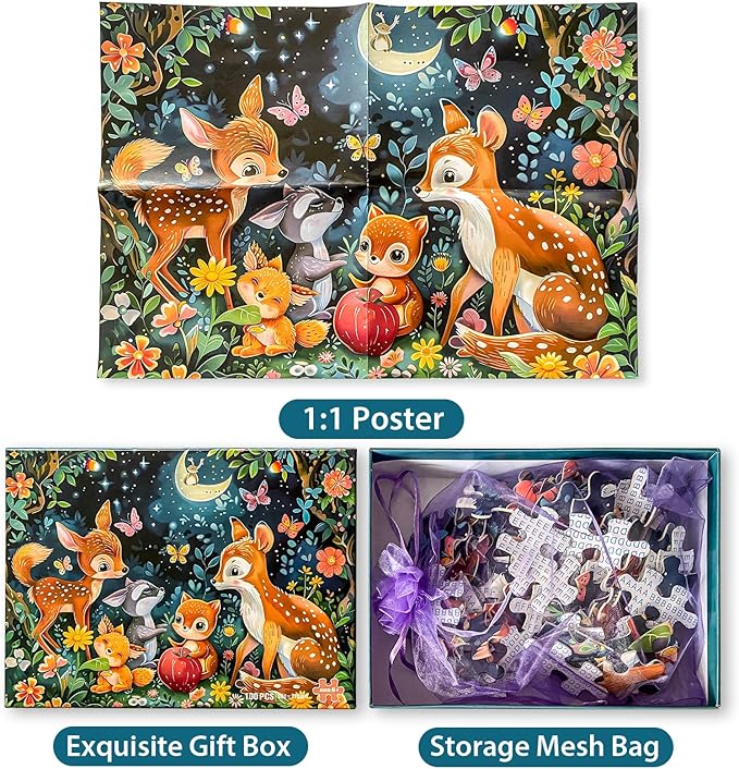 Puzzles for Kids Ages 4-8 - Cute Deer Party in Forest Night - 100 Piece Jigsaw Puzzles for Kids Ages 4-6 6-8 8-10 Year Old Children Puzzles for Boys and Girls Educational Learning Toys and Gifts
