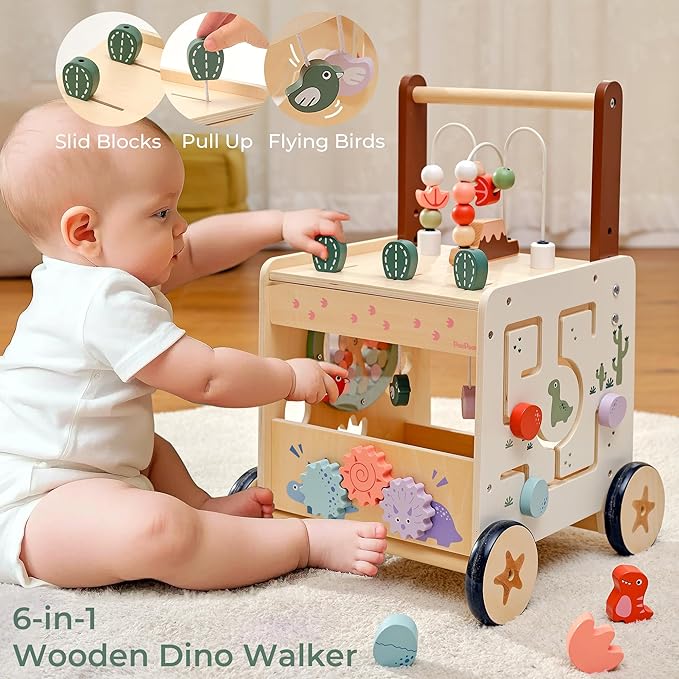 PairPear Wooden Baby Walker,6 in 1 Dinosaur Play Walker Adjustable Speed Push Cart with Brake & Shape Sorter,Natural Solid Wood Activity Center Toy for Toddlers 12M+