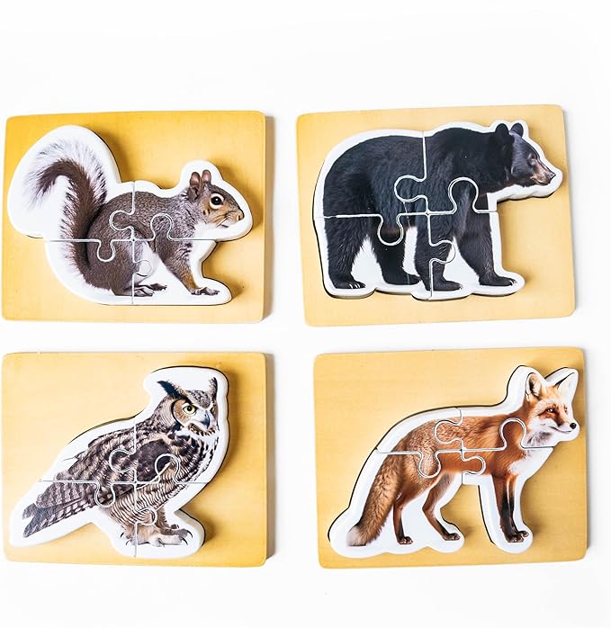 Wooden Montessori Animal Puzzles for Toddlers 2+ Years | Realistic Chunky Woodland Animal Shape Puzzle | Educational Learning Toy - Four-Piece Woodland Creature Puzzles