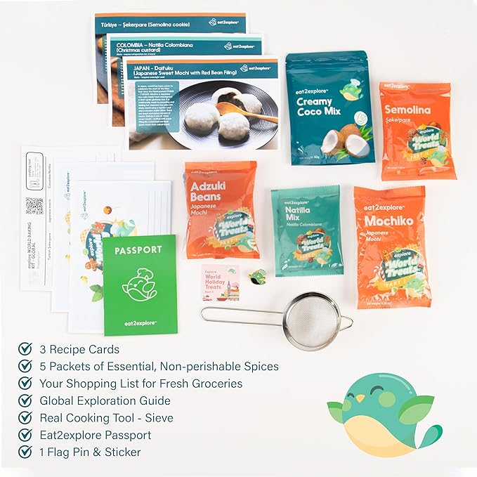 eat2explore Kids Real Dessert Baking Kit for Families | Includes 3 Recipe Cards from Japan, Turkey and Columbia with Key Ingredients, Baking Tools, Fun Kids Explorer Guide | Explore World