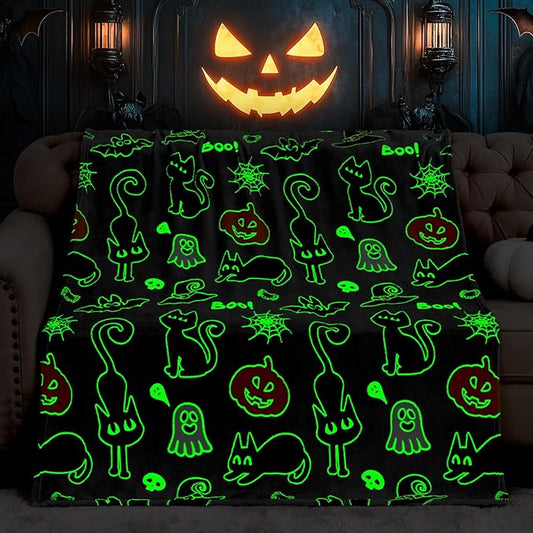 Halloween Glow in The Dark Blanket Gifts Toy for Boys Girls Daughter Son Glowing Black Cat Pumpkin Ghost Bat Witch Hat Spooky Soft Cozy Throw Party Favors Present for Kids Adult Sofa Bed Decor 50"x60"