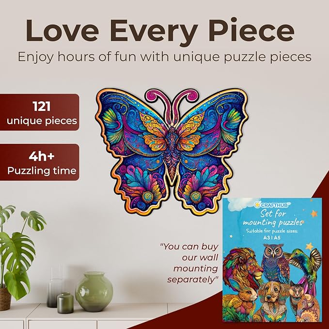 CRAFTHUB Animal Wooden Puzzles for Adults – A3 Butterfly with 121 Pieces Wood Puzzles – Jigsaw Puzzles with Unique Animal Shapes – 9.8" x 16"