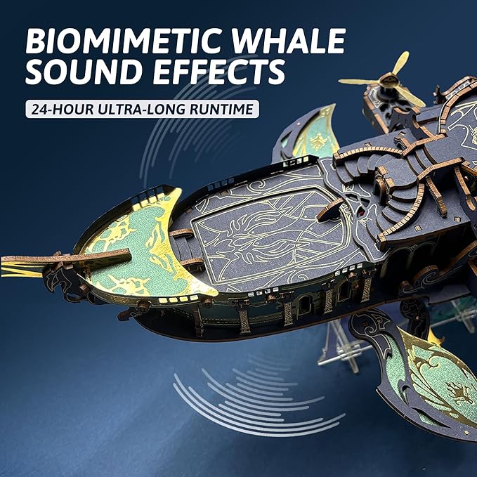 DIY 3D Wooden Puzzle Whale Spaceship,Miniature Wooden Dollhouse Model for Adults to Build,Gifts for Family Friends - Whale Ark of The Universe (Dawnlight Gold)