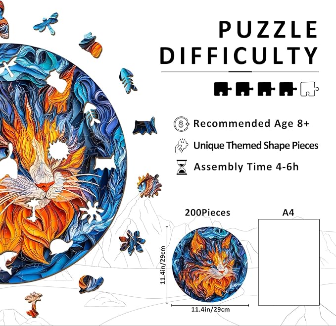 Wooden Puzzles for Adults - Flame Cat Wood Puzzles Adult - Unique Animal Shape Wooden Jigsaw Puzzles for Adults - Birthday Gifts for Puzzle Lovers, Family (11.4 * 11.3in)
