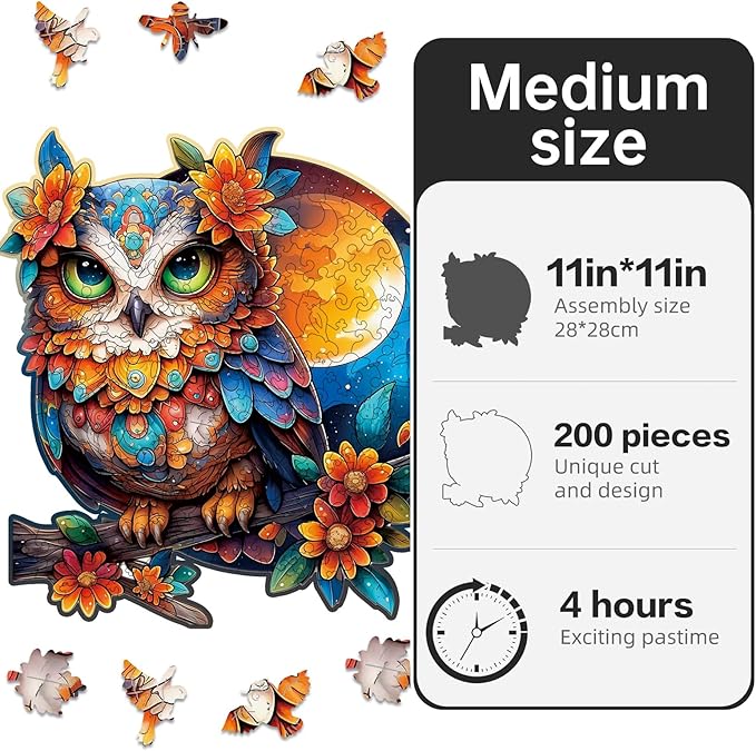 Wooden Puzzles for Adults Owl Jigsaw Puzzles 200 Piece,Thanksgiving Birthday Gifts Family Game,Unique Shape Puzzle Challenge 11 x 11 Inch