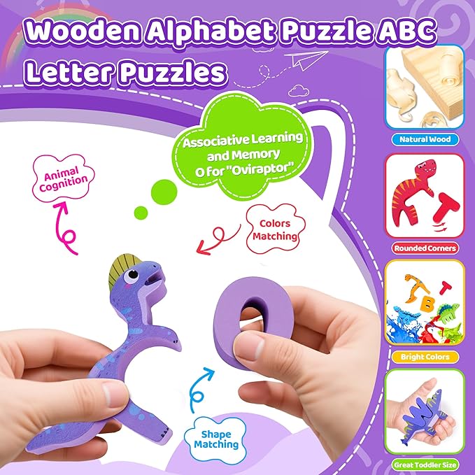 Wooden Toddler Puzzles, Montessori Learning Toys, ABC Alphabet Puzzle for Kids Ages 3-5, Cute Dinosaur Shape Letters Matching Game, Preschool Educational Toys Gift for Girls Boys 3 4 5 Years Old