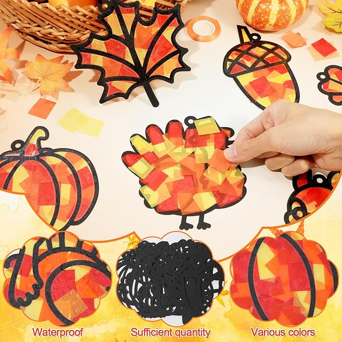 Qyeahkj 36 Set Fall Suncatchers Crafts for Kids DIY Autumn Leaf Pumpkin Acorn Squirrel Window Tissue Paper Craft Kit Hanging Decor for Classroom Home Activity Art Project Birthday Party Favor Gift
