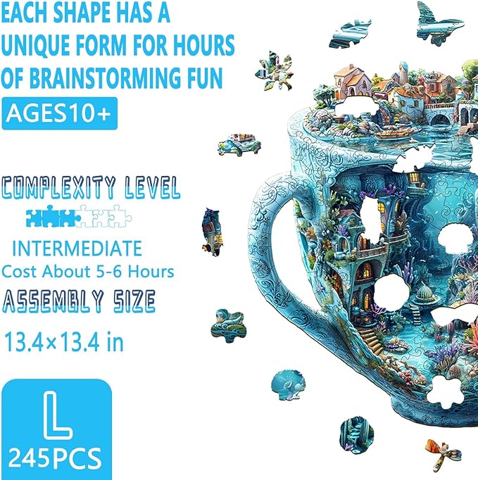 Wooden Puzzles for Adults, Ocean Mug Wooden Jigsaw Puzzle for Adults, Unique Shaped Wood Puzzles Adult, Dreamy City Scenery Puzzle, Fun Gifts & Home Decor (L-13.4 * 13.4in - 245 pcs)