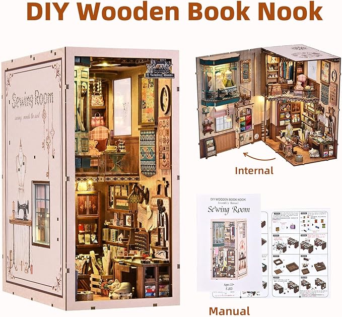 Book Nook Kit, DIY Miniature House Dollhouse Kit for Adults and Teens, 3D Wooden Puzzle Bookend Creative Bookshelf Insert Decor with LED Light, Gifts for Family, Friends (Sewing Room)