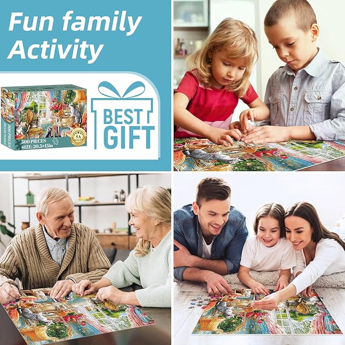 Puzzles for Adults 500 Pieces,Cute Cats Puzzle for Adults,Cozy House & Kittens Jigsaw Puzzles,Recyclable Cardboard Puzzles for Seniors Kids Teen,Puzzle for Family Game Nights, 20.5x15 in