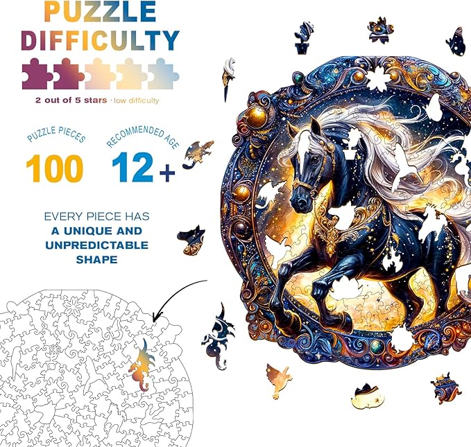 Wooden Puzzles for Adults - Elegant Horse Wooden Jigsaw Puzzle - Unique Animal Shaped Wood Puzzles Adult - Christmas Birthday Gifts for Adults/Friends/Family - 100pcs 8.5 * 8.5in