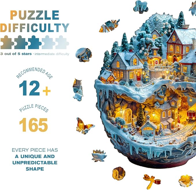 Wooden Puzzles for Adults - Train and Village Wooden Jigsaw Puzzle - Unique Animal Shaped Wood Puzzles Adult - Christmas Birthday Gifts for Adults/Friends/Family - 165pcs 11.4 * 10.6in