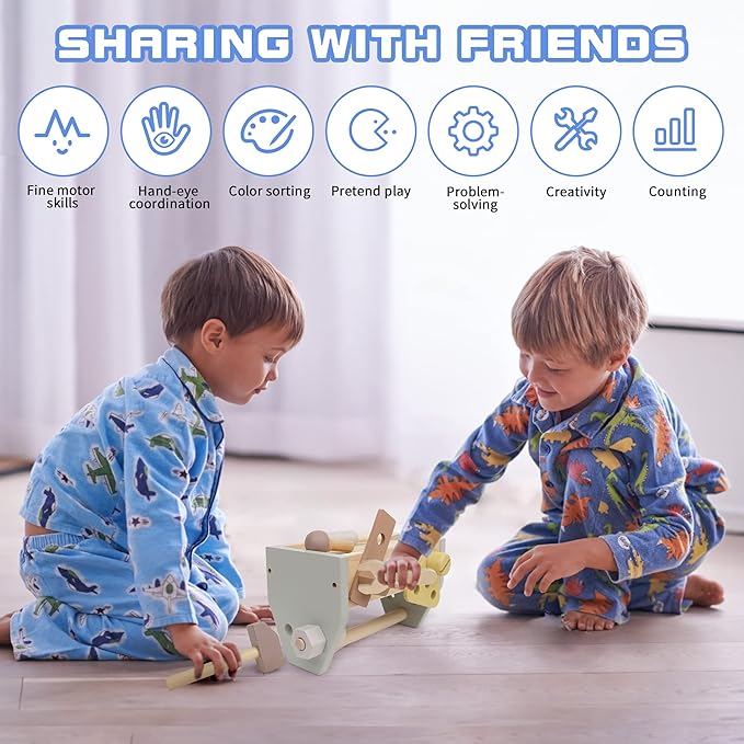 Montessori Wooden Tools Kit Toddler Educational Construction Kids Toys Sets Play Box Preschool Play Tool Wooden Construction Toy （Yellow）