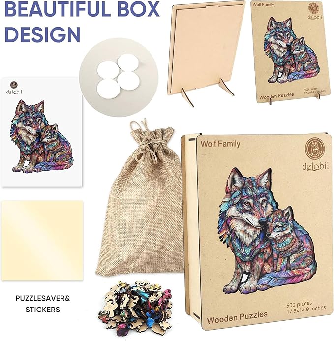 delobil Wooden Puzzles for Adults, Wolf Family Jigsaw Puzzles 500 Pieces, 17.3x14.9in, Unique Shaped Cool Animal Wood Adult Puzzle, Best Gifts for Adults and Kids Family Game