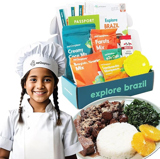 eat2explore Cooking Kits for Kids - Interactive & Educational Set with 3 Recipe Cards, Key Ingredients & Cooking Tools - Ideal Idea for Kids who Love to Create Meals (Brazil Edition)