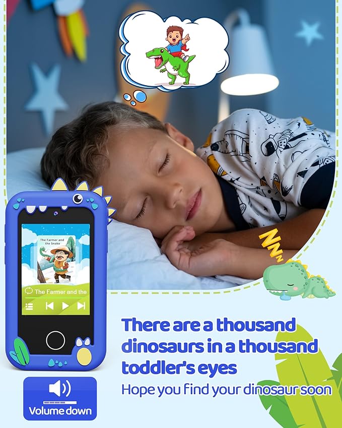 KOKODI Kids Smart Phone Toys, Touchscreen HD Dual Camera Cell Phone for Kids, Birthday Gifts Dinosaur Toddler Play Phone for Boys 3-10, Travel Learning Toy for Kids with 8GB SD Card(Navy Blue)