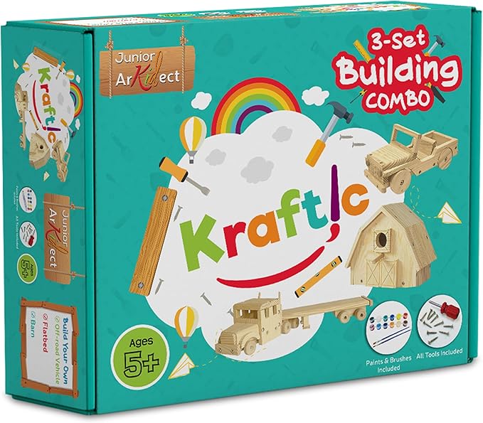 Kraftic Woodworking Building Kit for Kids and Adults, Set of 3 Educational DIY Carpentry Construction Wood Model Kit Toy Projects for Boys and Girls - Off-Road Vehicle, Flatbed Truck, Barn Birdhouse