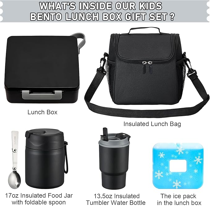 Bento Lunch Box for Kids with 17oz Soup Thermo,Insulated Tumbler Water Bottle and Insulated Lunch Bag,Leak-Proof 3 Compartment Lunch Food Container with with Ice Pack for Kids to School-Black