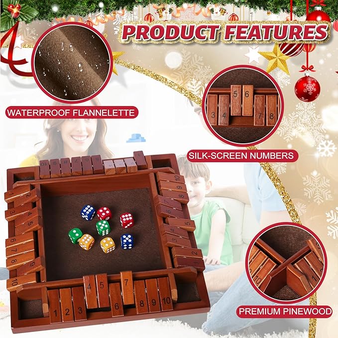 Nicecho Shut The Box Dice Game,2-4 Player Family Wooden Board Table Math Games for Adults and Kids, 8 Dices Classics Games for Classroom,Home,Party or Pub - Brown