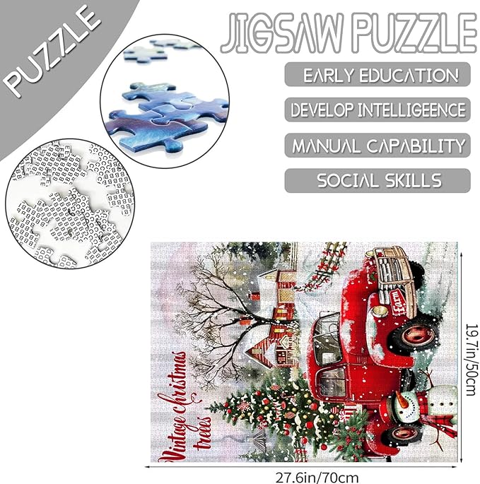 Christmas Puzzles 1000 Pieces for Adults, Families (Christmas Tree,Wooden House,Red Car,Forest) Pieces Fit Together Perfectly 19.7''x27.6''inch Winter Landscape Magic Puzzle Art Boho Gift（Red）