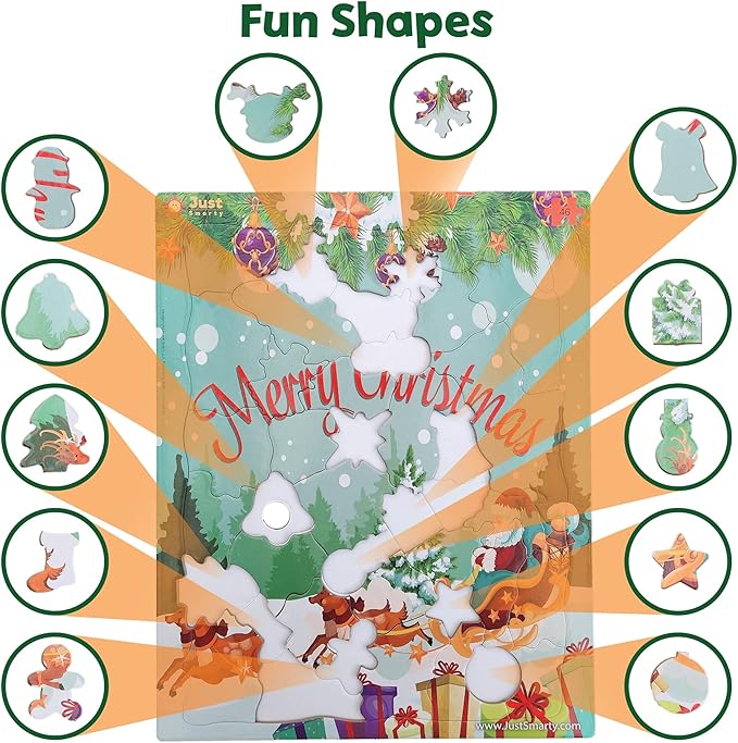 Just Smarty Merry Christmas Jigsaw Puzzle 46 Pieces for Kids Ages 4, 5, 6, 7, 8 with Fun Shapes and Tray. Fun Learning Educational Toy for Boys Girls in Pre-K, Kindergarten, First and Second Grade