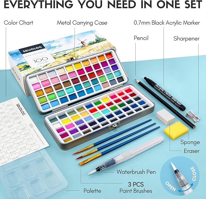 Watercolor Paint Set 100 Colors, Travel Watercolor Set with Portable Carrying Case, Papers, Brushes and Accessories, Ideal for Artists, Amateur Hobbyists and Painting Lovers