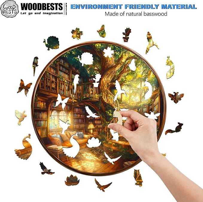 WOODBESTS Wooden Puzzles for Adults, Charming Bookstore Wood Puzzles Adult(300 Pieces, L, 13.4 * 13.4in), Unique Shape Wooden Animal Jigsaw Puzzles, Birthday Gifts for Adults Family Game