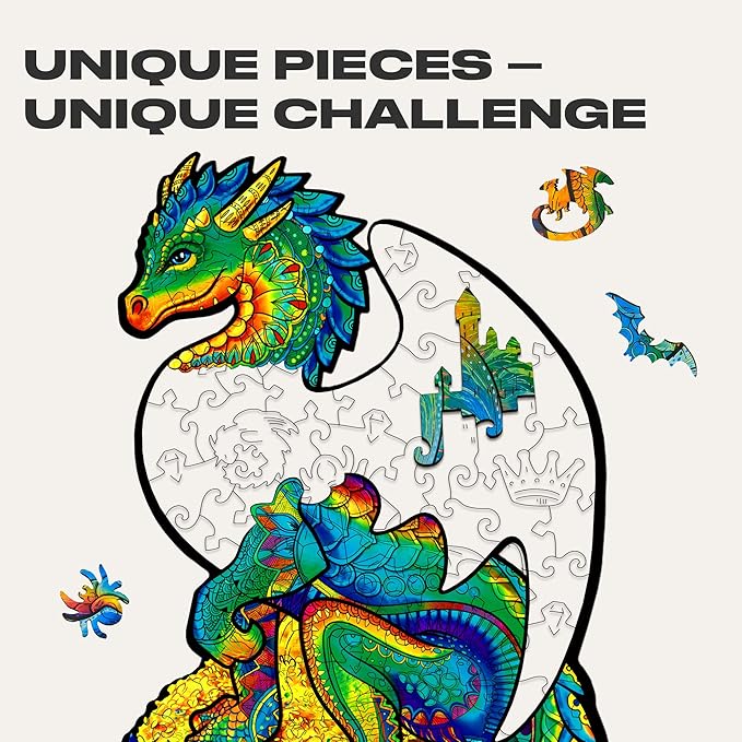 UNIDRAGON Wooden Puzzles for Adults Unique Jigsaw Puzzles - Small Guarding Dragon Small 6.2" х10.3 97 PCS Deko with Cut 0.03 mm Wood Accuracy Animal